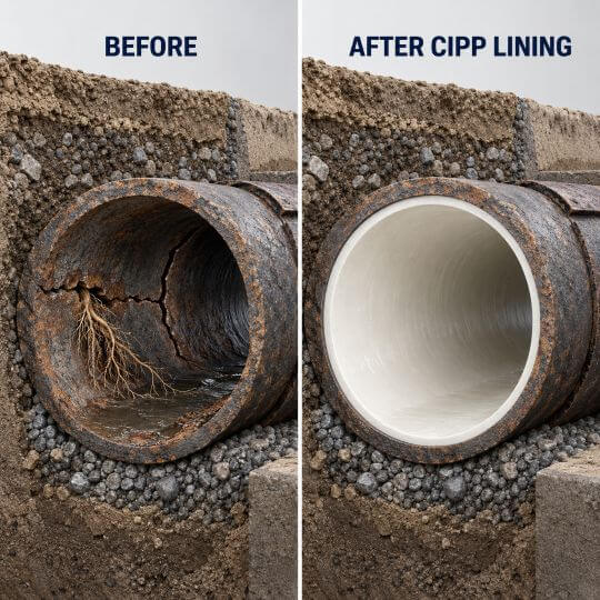 CIPP Pipe Lining Before and After Damaged pipe on left with new liner in pipe on right