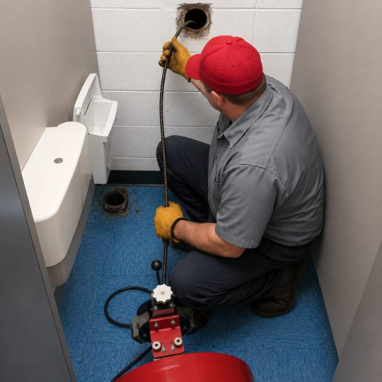 Commercial Bathroom Drain Cleaning Cleaning a drain in a commercial bathroom