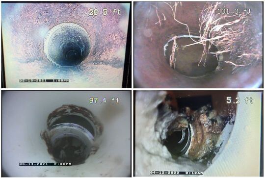 Four Video Camera Inspection Stills Four images showing screen shots from video cam inspections of sewer pipes