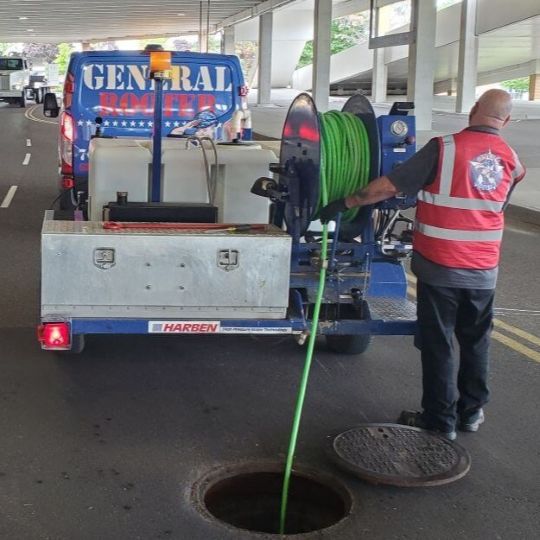 General Rooter Hydrojetting in Underground Garage Worker with hydrojet maching in parking garage