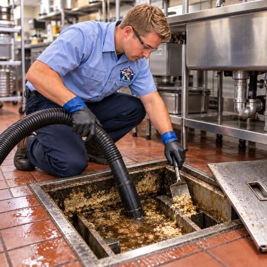 General Rooter Technician Cleaning Grease Trap Man with vacume hose clean out a greasey pit in a commercial kitchen.