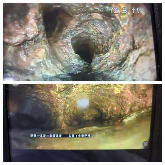 Video Camera Inspection Split Screen in Cast Iron Sewer Line Split screen view from camera inspection of cast iron pipe